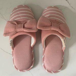 Rae Dunn Pink and White Stripe and Bow Slippers